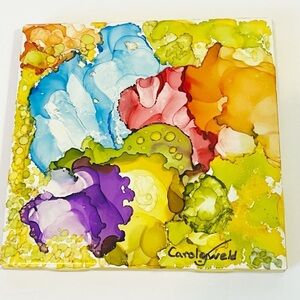 Handmade Alcohol Ink Art Ceramic Tile Coaster Floral Abstract Decor "Colorful"